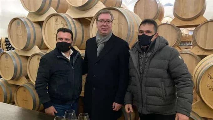 Prime minister of North Macedonia Zoran Zaev, Serbian president Aleksandar Vucic and Ilija Malinkovski photographed together in the family winery's private exclusive area on 14 February 2021.