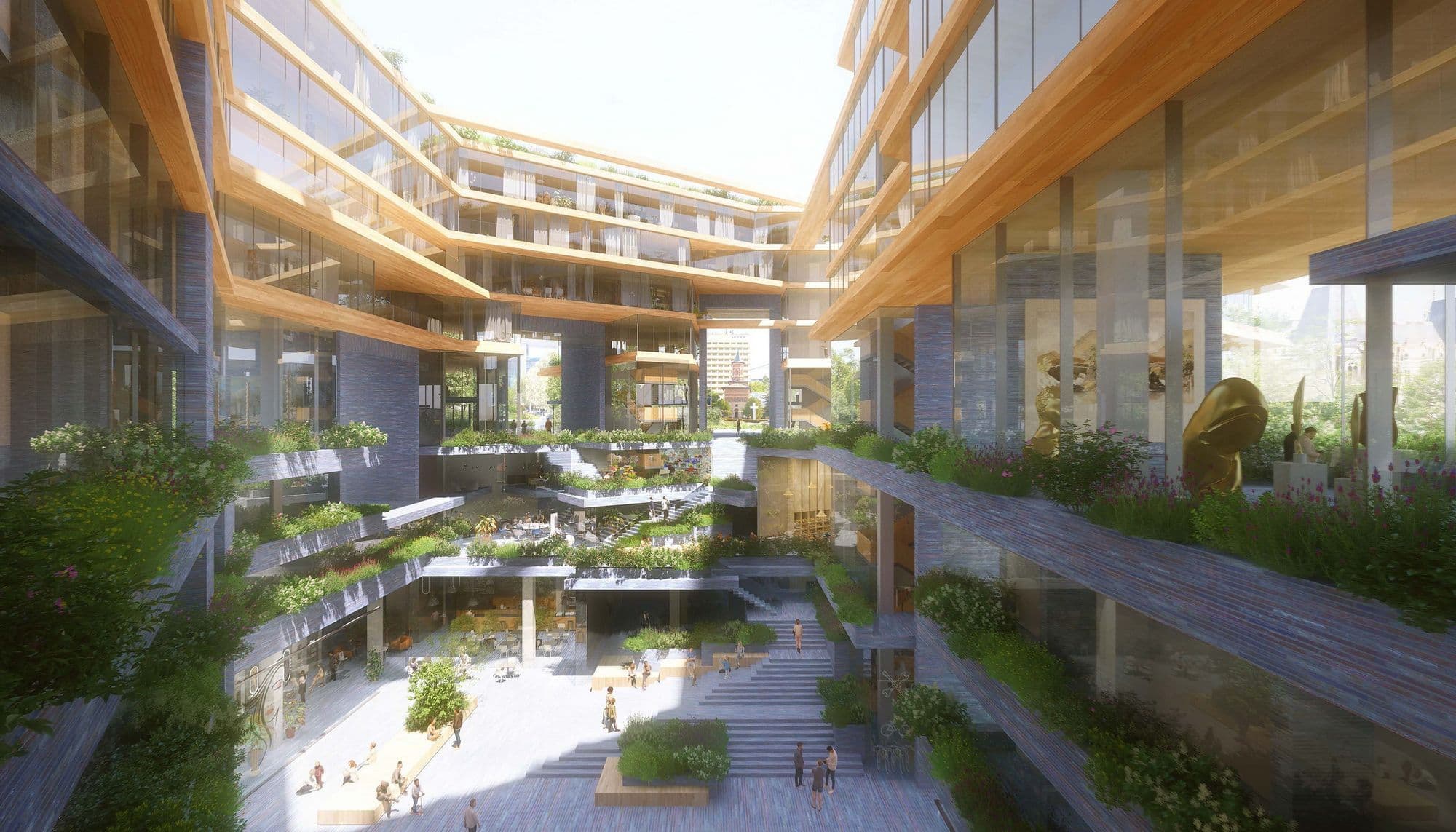 Proiectul câștigător al concursului de arhitectură de la Iași 2022, UNStudio - o imensă curte interioară, umbrită, care permite traficul pietonal și încadrează vederi către monumentele de arhitectură din piață