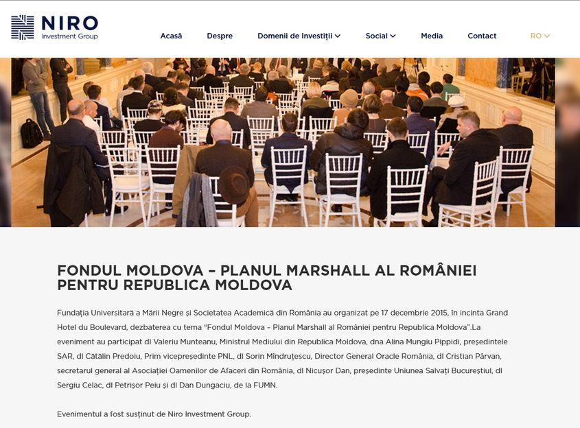 Unele evenimente despre Republica Moldova erau sponsorizate de NIRO Investment Group, companie controversată apropiată de serviciile de informații. Captură de ecran via site-ul NIRO