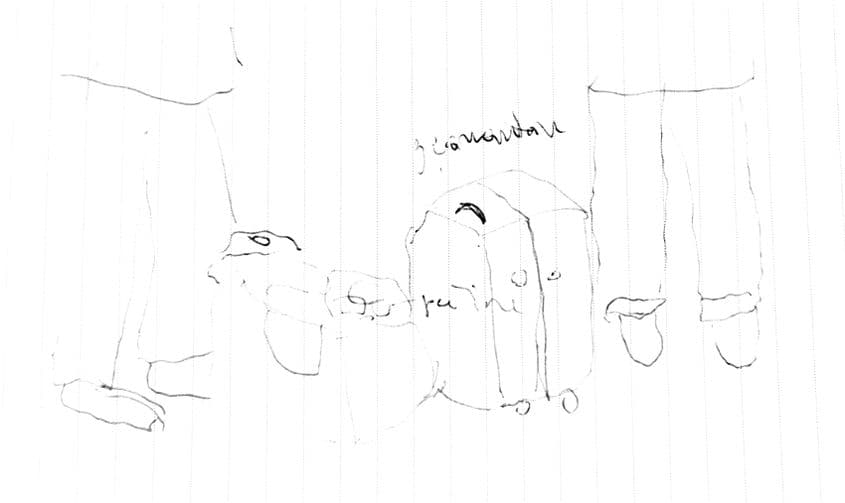 Beneficiari așteptând cu bagajele la Biblioteca Națională. Ilustrație: Andreea Soare