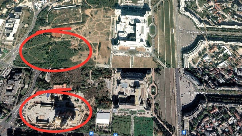 Cu ajutorul imaginilor satelitare, se poate observa foarte clar cum spațiul verde din București a avut de suferit în ultimii 20 de ani. Aici, zona delimitată de Calea 13 Septembrie și Strada Izvor, în anul 2002 și în 2022, după construirea Catedralei Mântuirii Neamului. Colaj: Laura Popa Foto: Google Earth