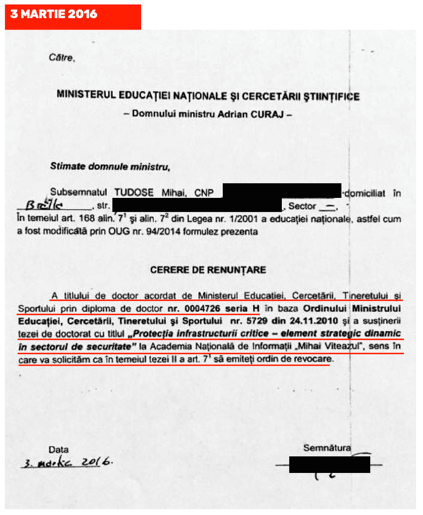 Mihai Tudose nu și-a motivat cererea de renunțare la titlul de doctor pe care l-a obținut în 2010