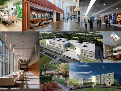 Colaj de imagini din proiectul de spital regional conceput de consultanţii străini.