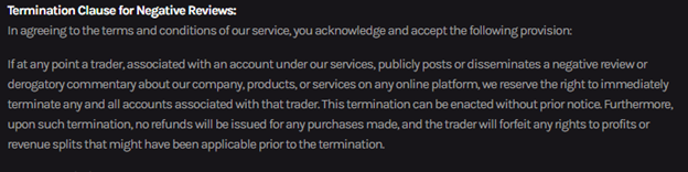 Clauza de închidere a contului de pe site-ul companiei.