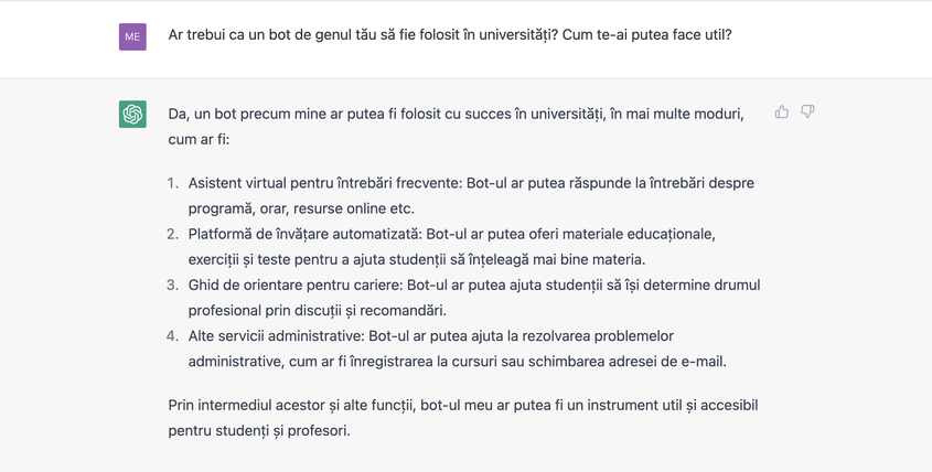 Ar putea exista și avantaje în utilizarea AI-ului în scopuri educaționale, după cum explică chiar ChatGPT