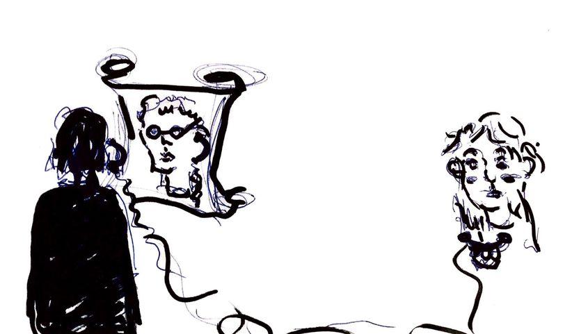 „Nicuț împărtășește cu mine învățături biblice amestecate cu experiențe ale lui Sigmund Freud. Îmi relatează etapele procesului său de iluminare.” Ilustrație de Andreea Soare