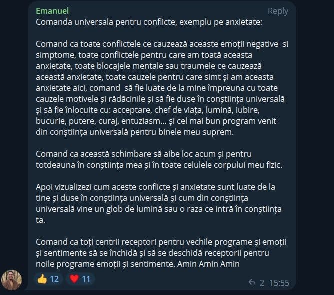 Exemplu de comandă pentru reprogramarea subconștientului. Captură foto dintr-un grup de Telegram asociat proiectului de reprogramare mentală