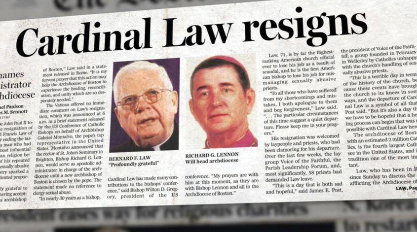 Facsimil al ediției în care se anunța demisia cardinalului Law.