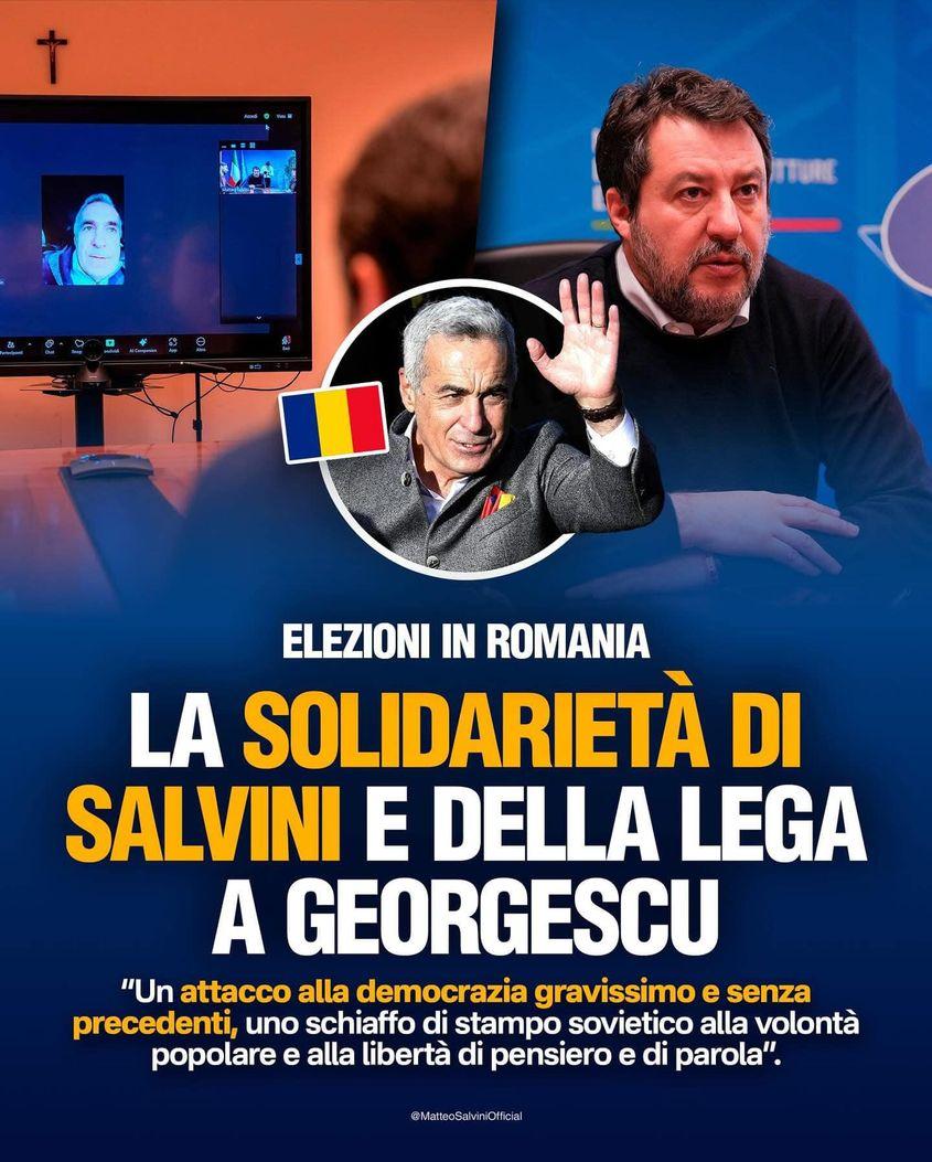 Luare de poziție a lui Matteo Salvini cu privire la fostul candidat Călin Georgescu, distribuită de Claudiu Stănășel cu textul: Ben detto, adică Bine spus.