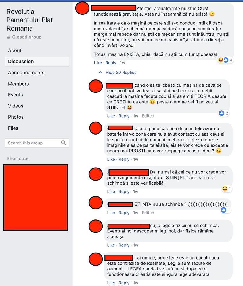 Printscreen după o conversație din grupul de Facebook „Revoluția Pământului Plat România”, care are 3.999 membri.