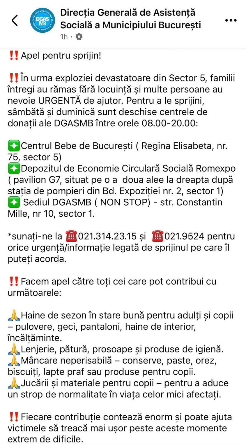 Bucureștenii vor putea dona haine în stare bună, mâncare neperisabilă și jucării pentru familiile afectate de explozia din Calea Rahovei nr. 317, Sector 5