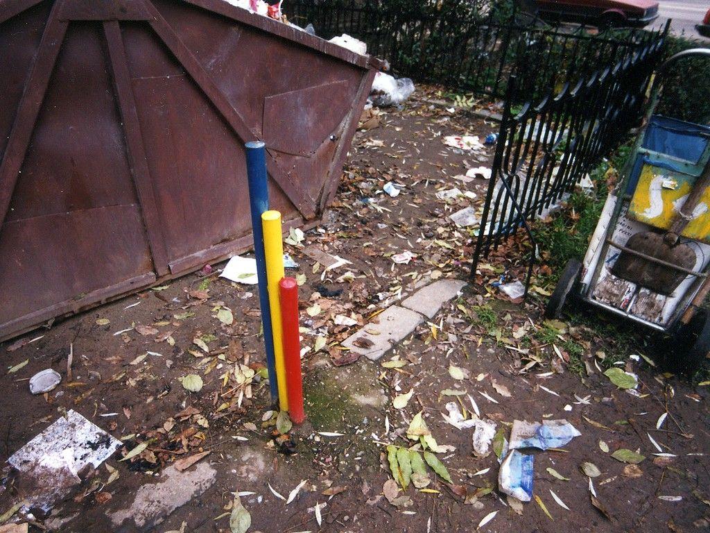 Parcul Caragiale și stâlpișori tricolori lângă o pubelă de gunoi (Voicu B.)