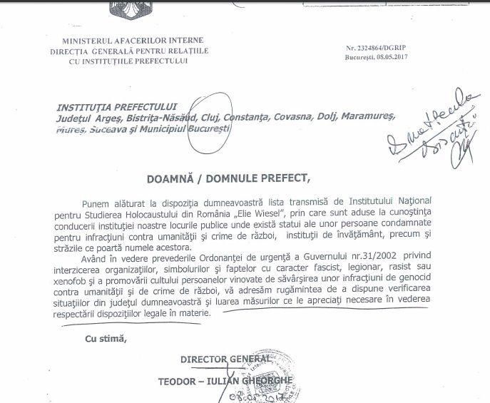 Adresa trimisă de directorul general Teodor Gheorghe din MAI către mai multe Prefecturi.