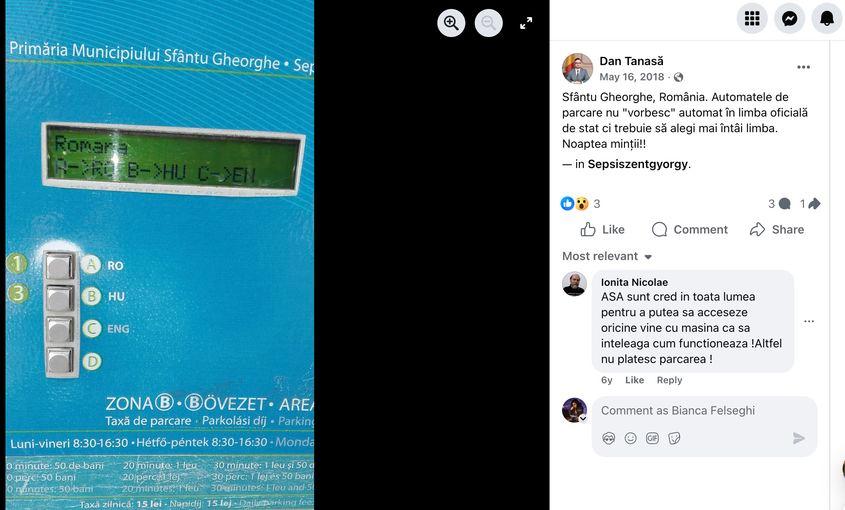 Una din bătăliile date de Dan Tanasă în Sfântu Gheorghe a fost pentru automatele de parcare, unde i s-a părut suspect că nu pot funcționa exclusiv în limba română.