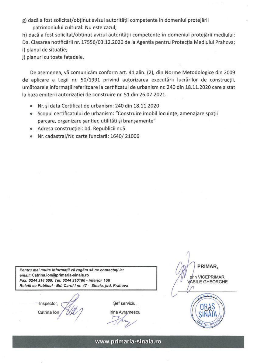 Răspuns complet primăria Sinaia, 2025.