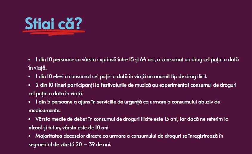 La finalul lunii martie, Agenția Națională Antidrog avea pe interfața veche a site-ului, aflat acum în mentenanță, o casetă denumită „Știați că”, în care erau enumerate statistici despre comportamentul de consum al substanțelor interzise și vârsta medie de debut pentru consumul de droguri în România. Foto: PressOne