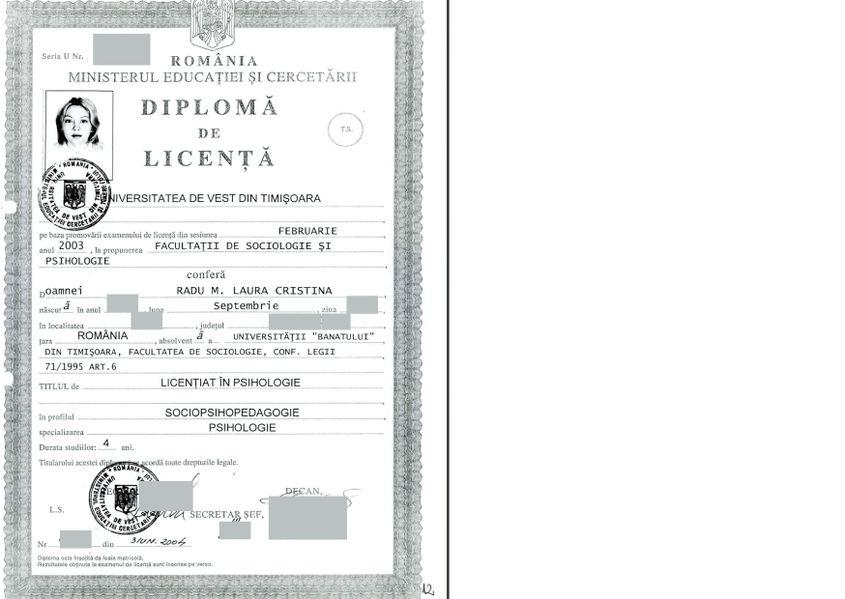 Diploma de licență a Laurei Pătruț, eliberată în 2003 de Universitatea de Vest, la doi ani după absolvire. La acea dată purta numele de Radu Laura Cristina, urmând să ia numele Pătruț după căsătorie, în 2006.