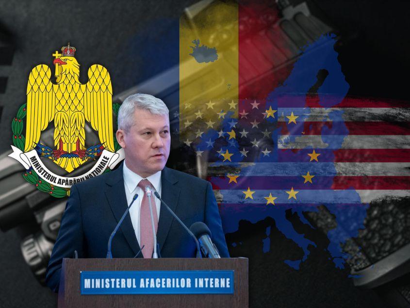 Ministrul de Interne, Cătălin Predoiu, a ajuns să coordoneze un program SAFE care vizează înarmarea tuturor structurilor de forță din România. Colaj de Lavinia Niță. Surse foto: Facebook