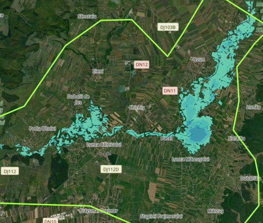 Inundații din Covasna se văd și în imaginile satelitare. Sute de persoane au fost evacuate din localitățile Băcel și Lunca Mărcușului ca urmare a viiturii Foto: Copernicus Mapping Emergency