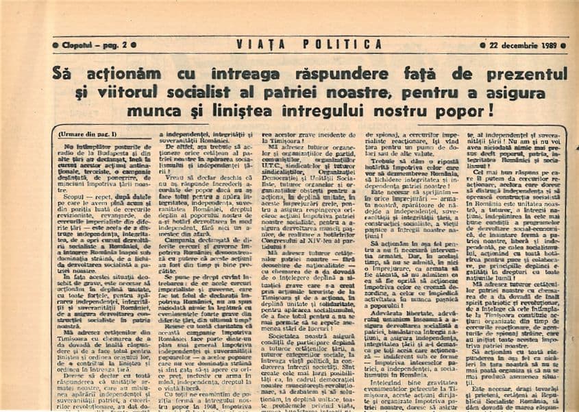 „Clopotul” din 22 decembrie 1989 proslăvea regimul comunist. A doua zi îl spurca, prin condeiul acelorași ziariști.