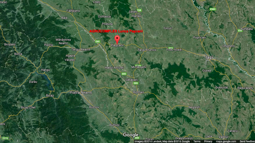 Harta exploatațiilor din județul Iași ale companiei Agrocomplex Lunca Pașcani.