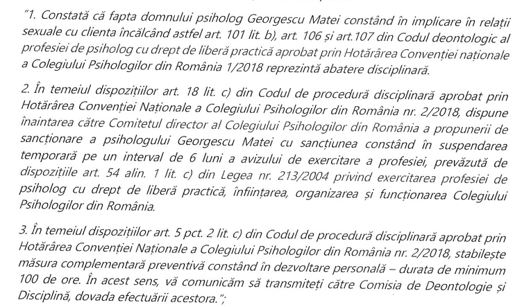 Propunerea inițială a Comisiei de Deontologie și disciplină prevedea și obligația de a urma 100 de ore de „dezvoltare personală”. Măsura complementară nu apare și în hotărârea ulterioară a Colegiului. Sursă: decizia de suspendare a psihoterapeutului Matei Georgescu