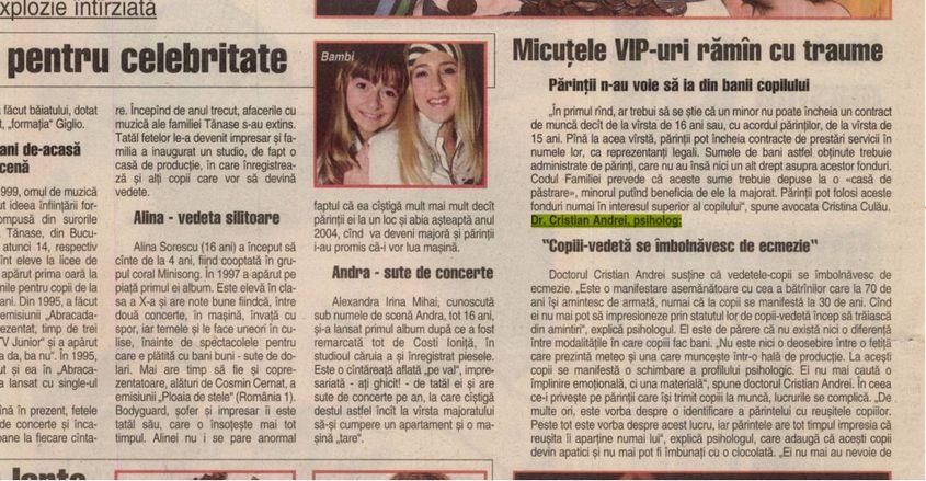 Șase ani mai târziu, în 2002, presa îl cita deja drept „Dr. Cristian Andrei, psihologul”.