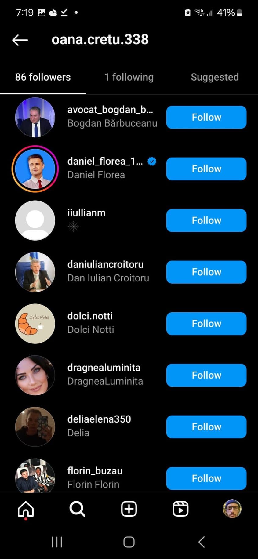 Printre urmăritorii de pe Instagram ai Oanei Crețu l-am găsit și Daniel Florea. Captură de ecran via Instagram
