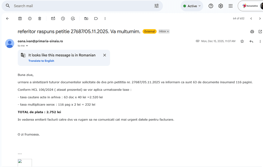 Primăria Sinaia cere o „taxă de căutare” pentru informațiile solicitate de PressOne