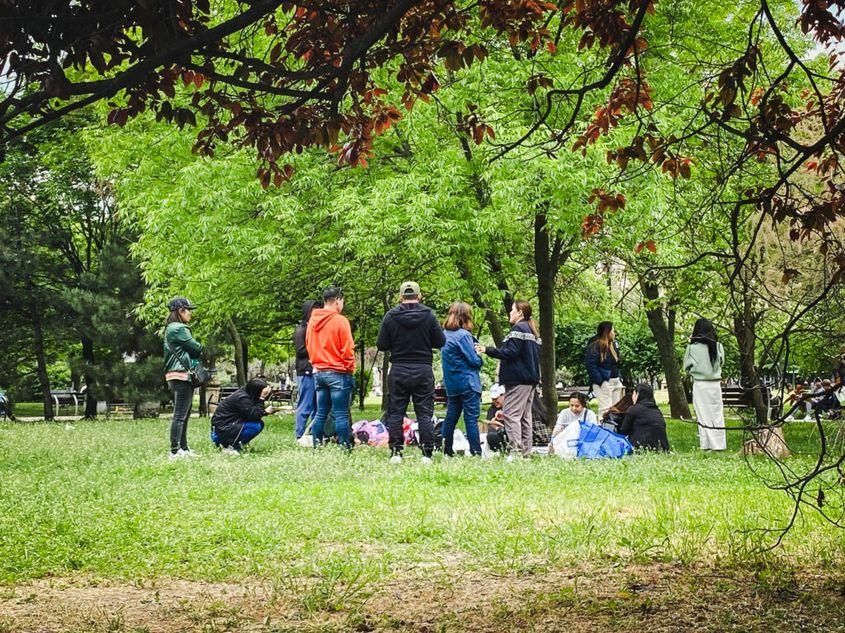 Diana, tot o filipineză, se uită în jur și îmi spune că foarte mulți oameni din cei care sunt acum în parc „au foarte multe probleme, de asta vin aici, ca să mai uite de ele”. Foto: Luiza Popovici