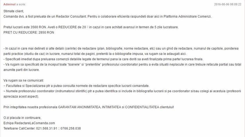 Mesajul primit la comanda plasată pe site.