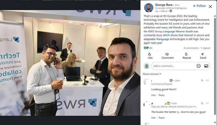 Fotografie cu George Bara și foștii colegi de la RWS, prezenți cu toții la un eveniment european dedicat industriei de intelligence. Captură de ecran via LinkedIn