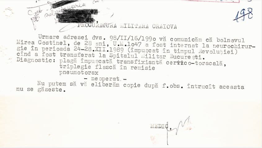 Raport medico-legal, extras din dosarul Procuraturii militare Craiova