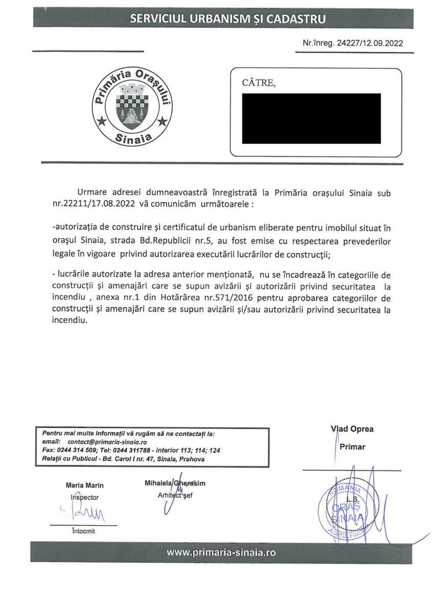 Primăria este întrebată dacă construcția respectă prevederile autorizației de construire eliberată în iulie 2021 și dacă construcția este conformă cu reglementările legale.
Primăria susține că da.