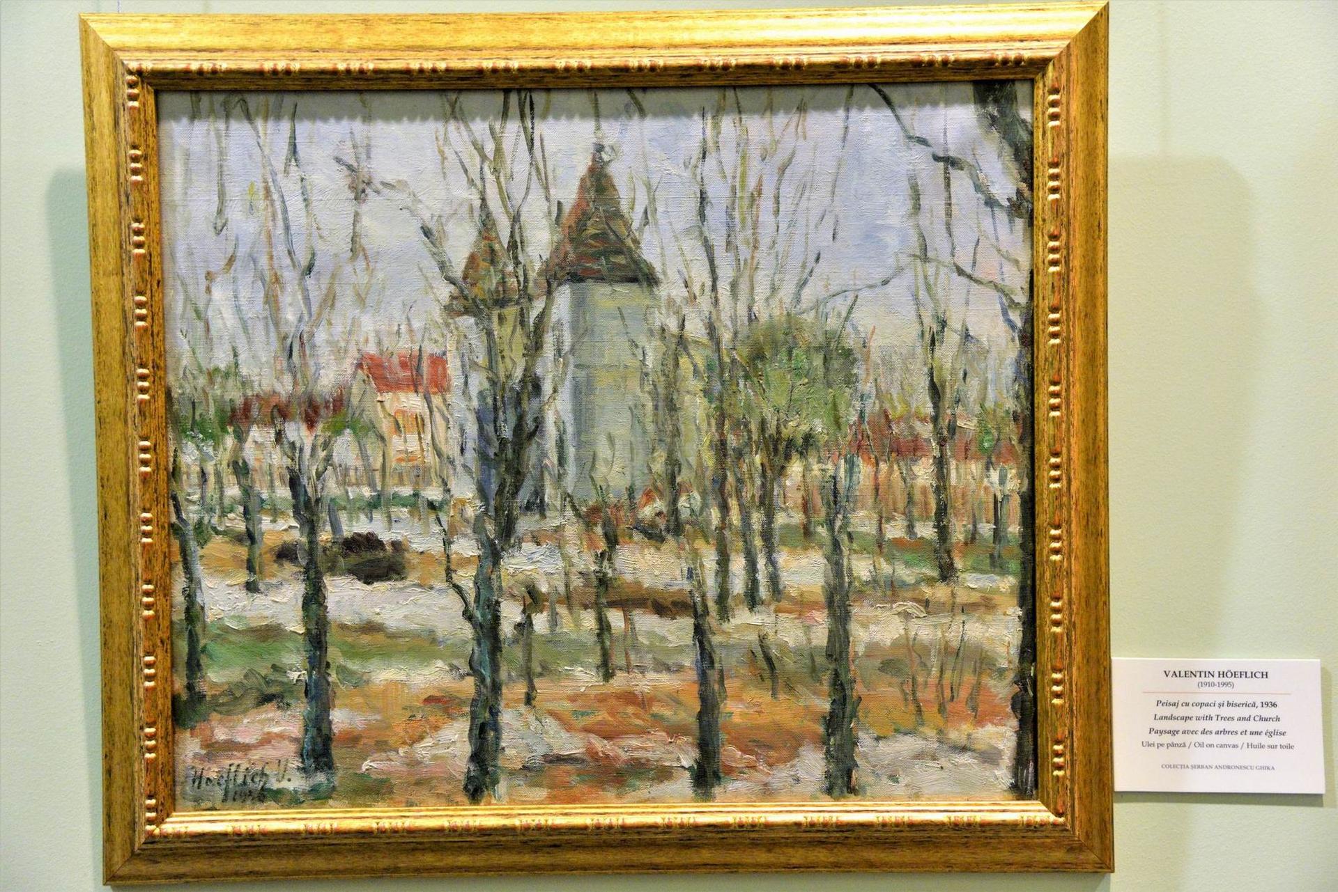 Valentin Hoeflich (1910-1995): "Peisaj cu copaci și biserică", 1936, Colecția Ghika.