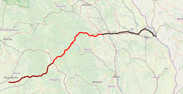 Ruta Autostrăzii A8, cu cele trei tronsoane evidențiate. Captură: ARCgis.com