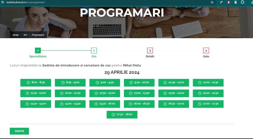 Interfața site-ului de terapie a cuplului și programările disponibile. Foto: PressOne