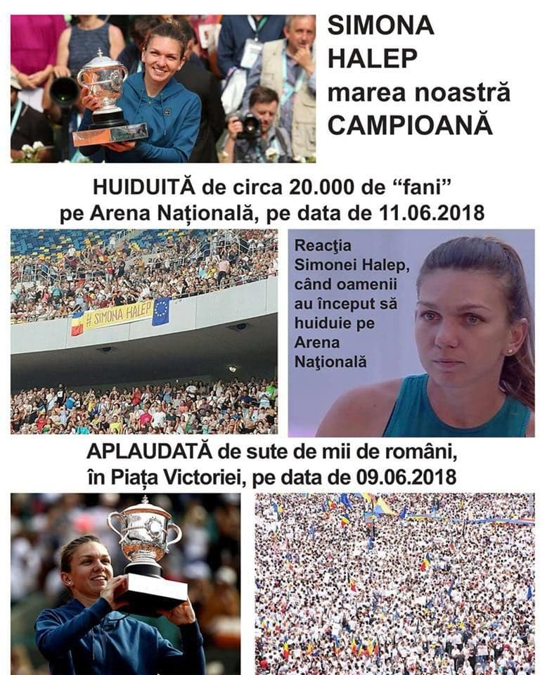 Montajul propagandistic distribuit de mai multe filiale PSD pe Facebook, în care se spune că Simona Halep ar fi fost huiduită de fanii veniți tocmai să-i mulțumească.