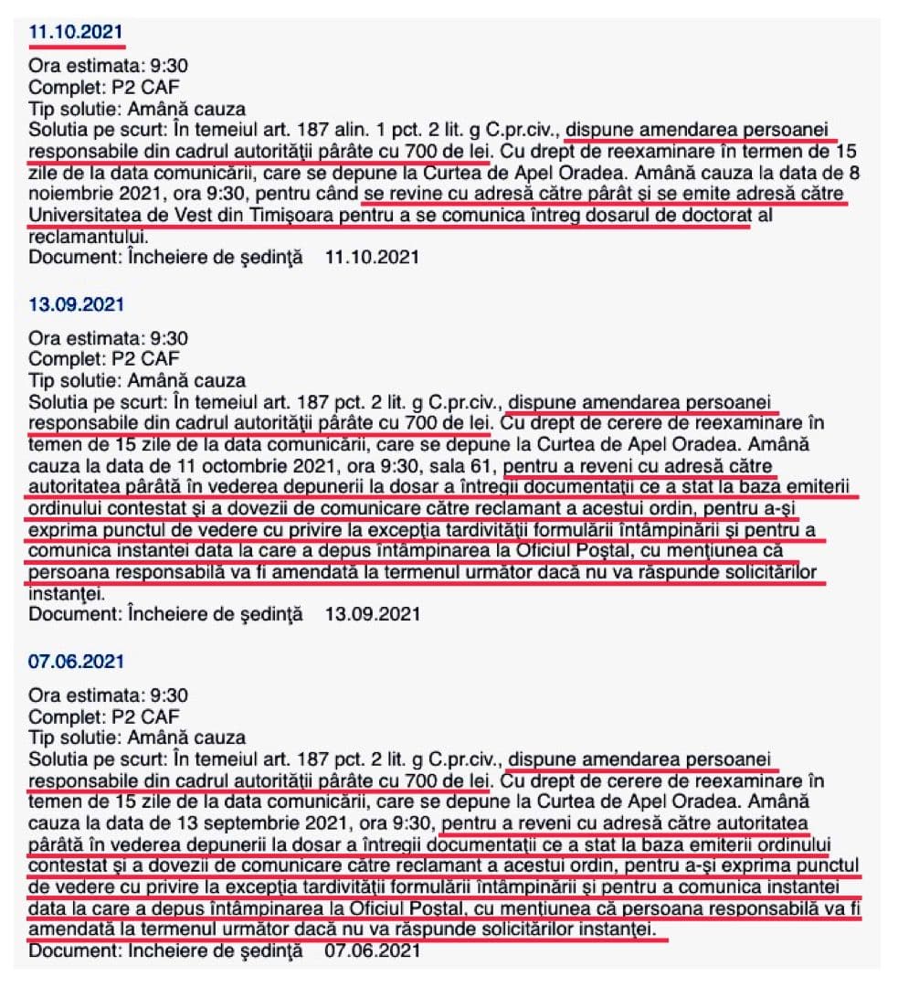 Captură de ecran de pe portalul Curții de Apel Oradea