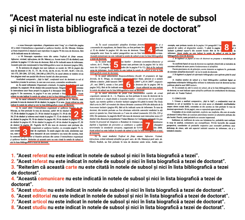 Paginile 5, 6 și 7 din punctul de vedere comun al membrilor comisiei de examinare a sesizării de plagiat. Raportul are în total 8 pagini, iar experții precizează în titlu că au avut acces la documentație din data 24 octombrie 2018, adică de exact un an.
