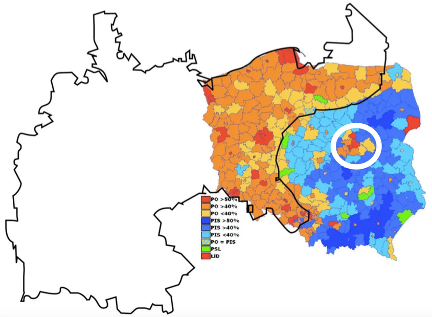 Harta realizată de David Hecht pe baza rezultatelor alegerilor parlamentare din 2007. Se vede conturul  fostei Germanii și efectele acestuia asupra opțiunilor de vot de acum 13 ani