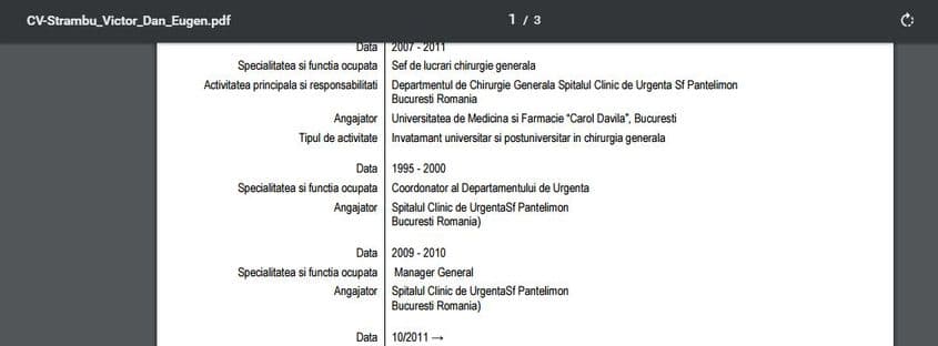 Fragment din CV-ul lui Victor Dan Eugen Strâmbu, preluat de pe site-ul Universității de Medicină și Farmacie.