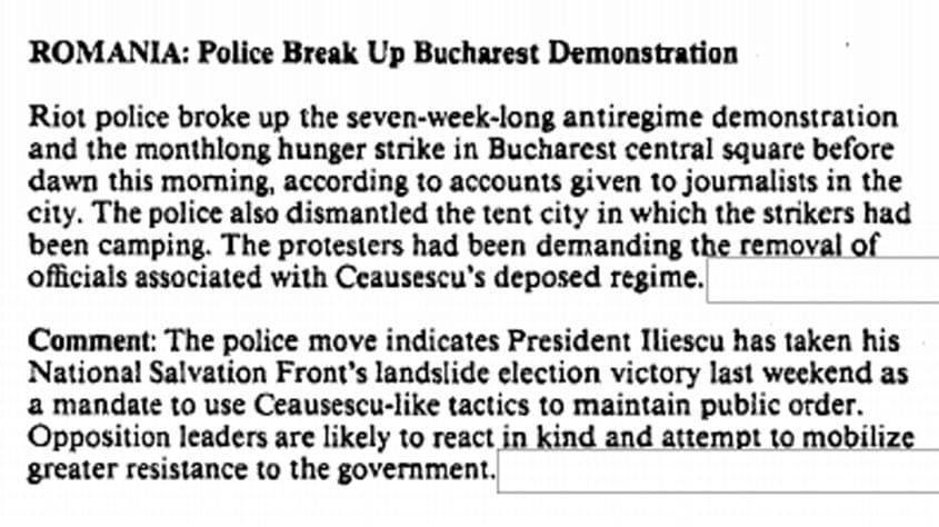 Fragment dintr-o notă referitoare la intervenția Poliției în dimineața zilei de 13 iunie 1990, în București.