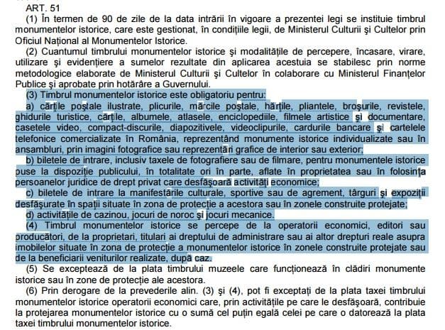 Facsimil din Legea 422/2001, prin care este instituit timbrul monumentelor istorice.