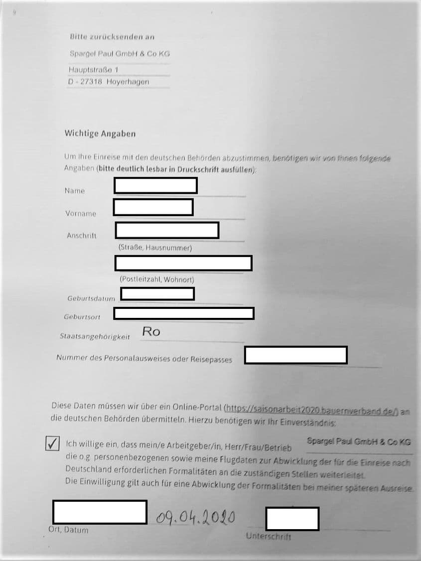 Așa arată o invitație pe baza căreia muncitorii români pleacă în Germania