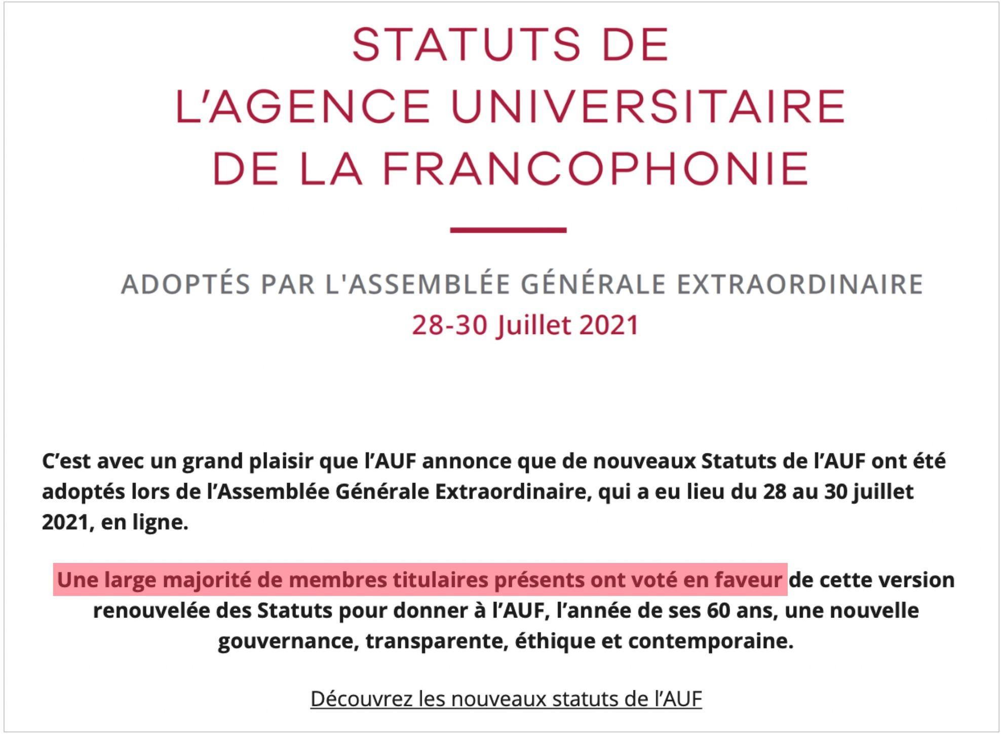 <em>L’annonce publiée le 5 août 2021 par</em><a target="_blank" href="https://www.auf.org/europe-centrale-orientale/nouvelles/actualites/nouveaux-statuts-de-lauf/"><em> auf.org</em></a> <em>sur les modifications de statut adoptées le 28 juillet 2021</em>