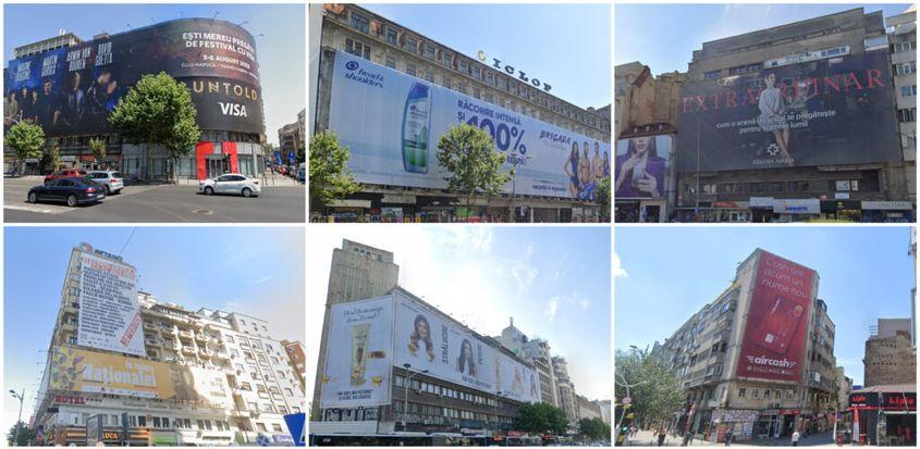 Pânze publicitare amplasate pe clădiri cu risc seismic ori vizibil degradate. Foto: Google Maps, colaj Andrei Gudu
