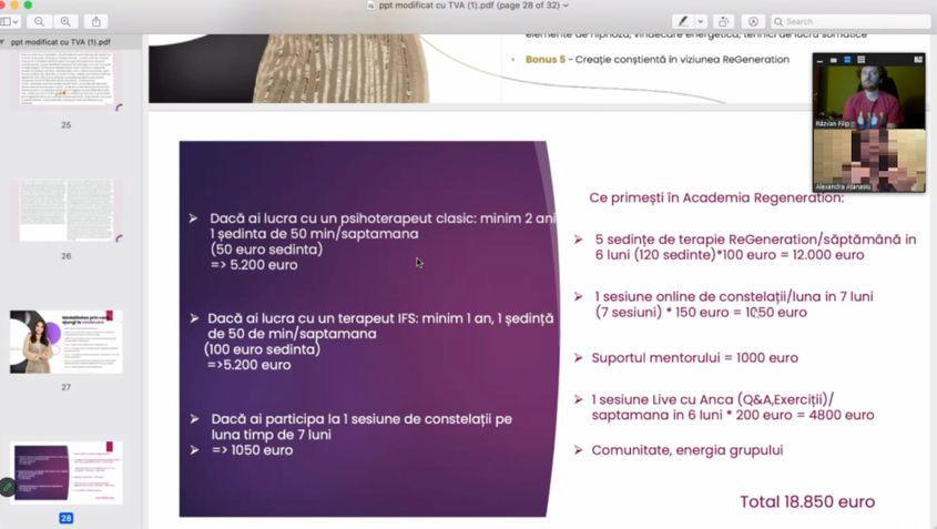 Consultanta Academiei Ancăi Maftei încearcă să mă convingă că variantele mai tradiționale de terapie m-ar costa mai mult. Captură de ecran din al doilea call prin Zoom.