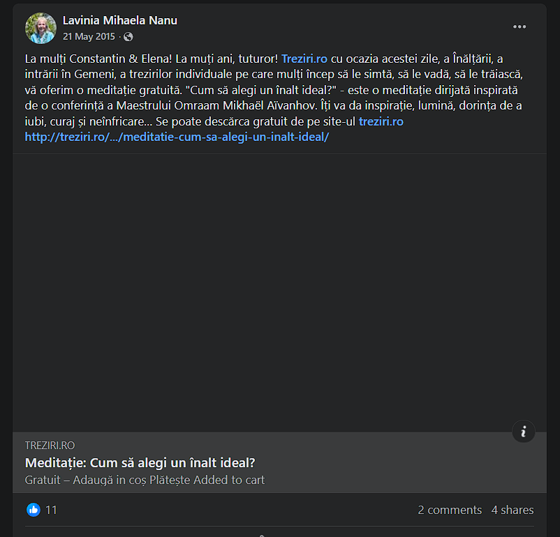 Lavinia Nanu face parte dintr-o mișcare spirituală intitulată „Marea Fraternitate Albă”. Captură foto via Facebook