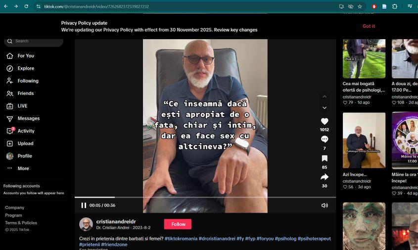 De asemenea, în descrierea mai multor clipuri educative postate pe TikTok, Cristian Andrei folosește hashtaguri care induc în eroare, precum #psihologbun, #psihoterapeut, #terapie sau #psihologie.De asemenea, în descrierea mai multor clipuri educative postate pe TikTok, Cristian Andrei folosește hashtaguri care induc în eroare, precum #psihologbun, #psihoterapeut, #terapie sau #psihologie.